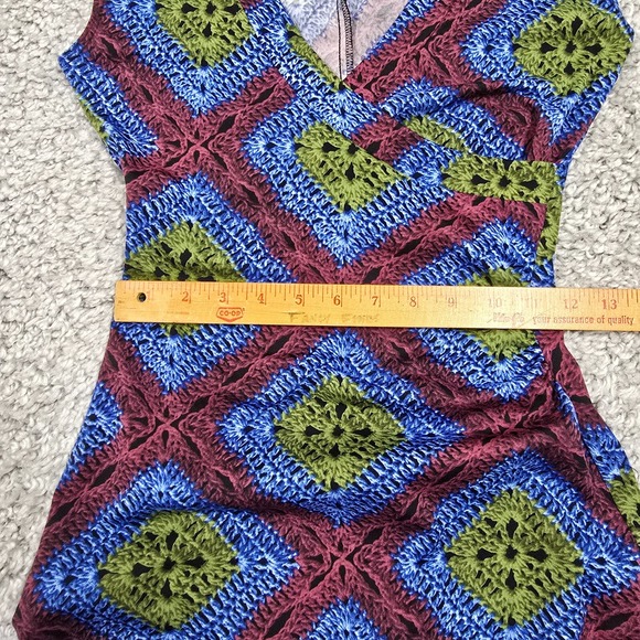 La Belle Womens Faux Wrap V Neck‎ Dress Size Medium Blue Green Red Retro Y2K USA - Picture 8 of 10